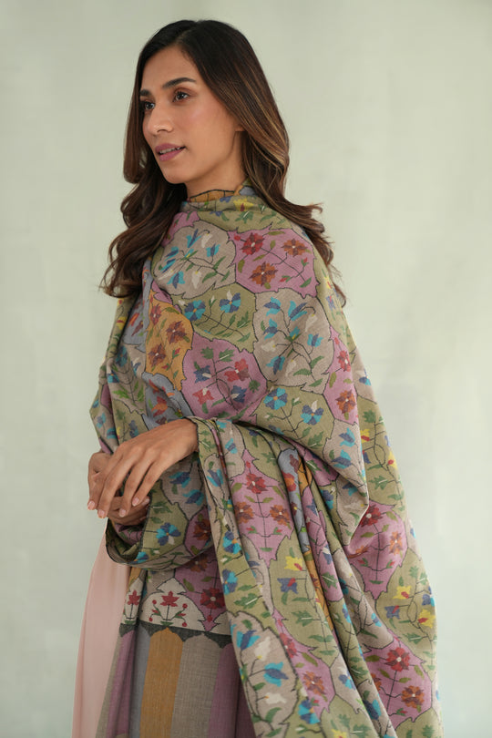 Kashmir Loom Kani Tajwara Baldar Hand Woven Pashmina Oversize Shawl Natural Multi