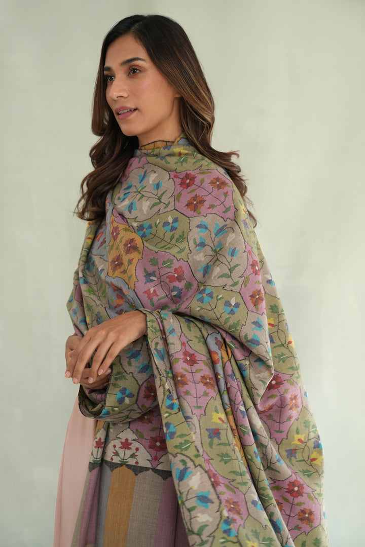 Kashmir Loom Kani Tajwara Baldar Hand Woven Pashmina Oversize Shawl Natural Multi