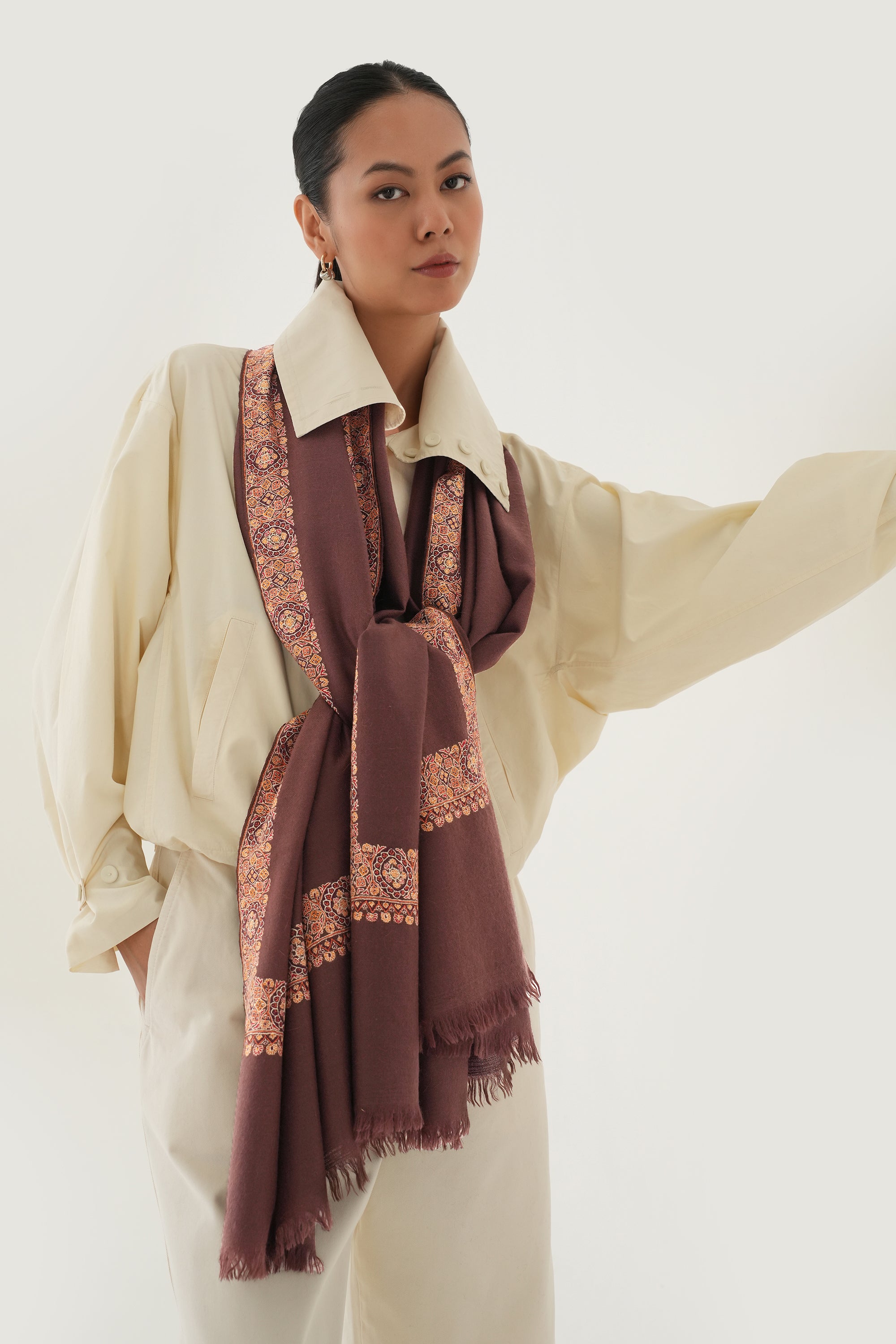 Sozni Kanzah Dordar Hand Embroidered Pashmina Shawl Choclate Brown