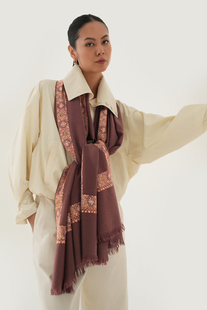 Kashmir Loom Sozni Kanzah Dordar Hand Embroidered Pashmina Shawl Choclate Brown