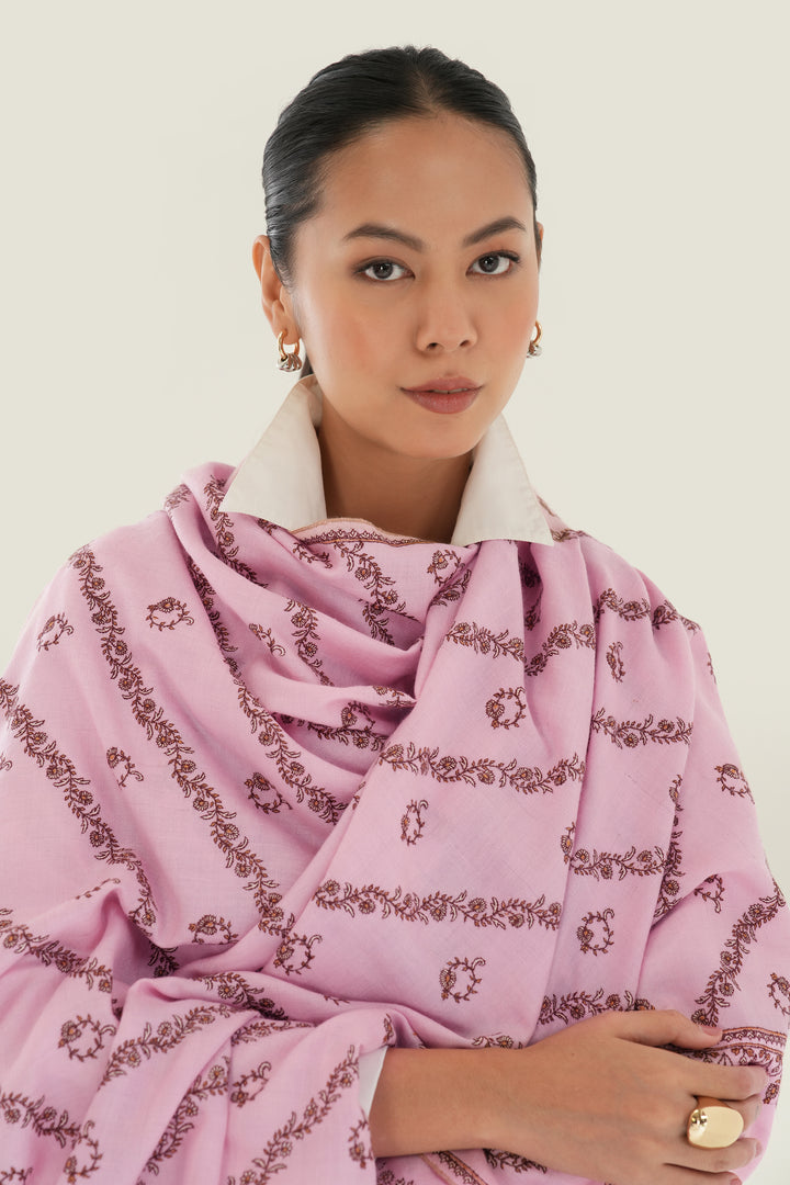 Kashmir Loom Sozni Khatrast Flower Buti Hand Embroidered Pashmina Shawl Rose Pink