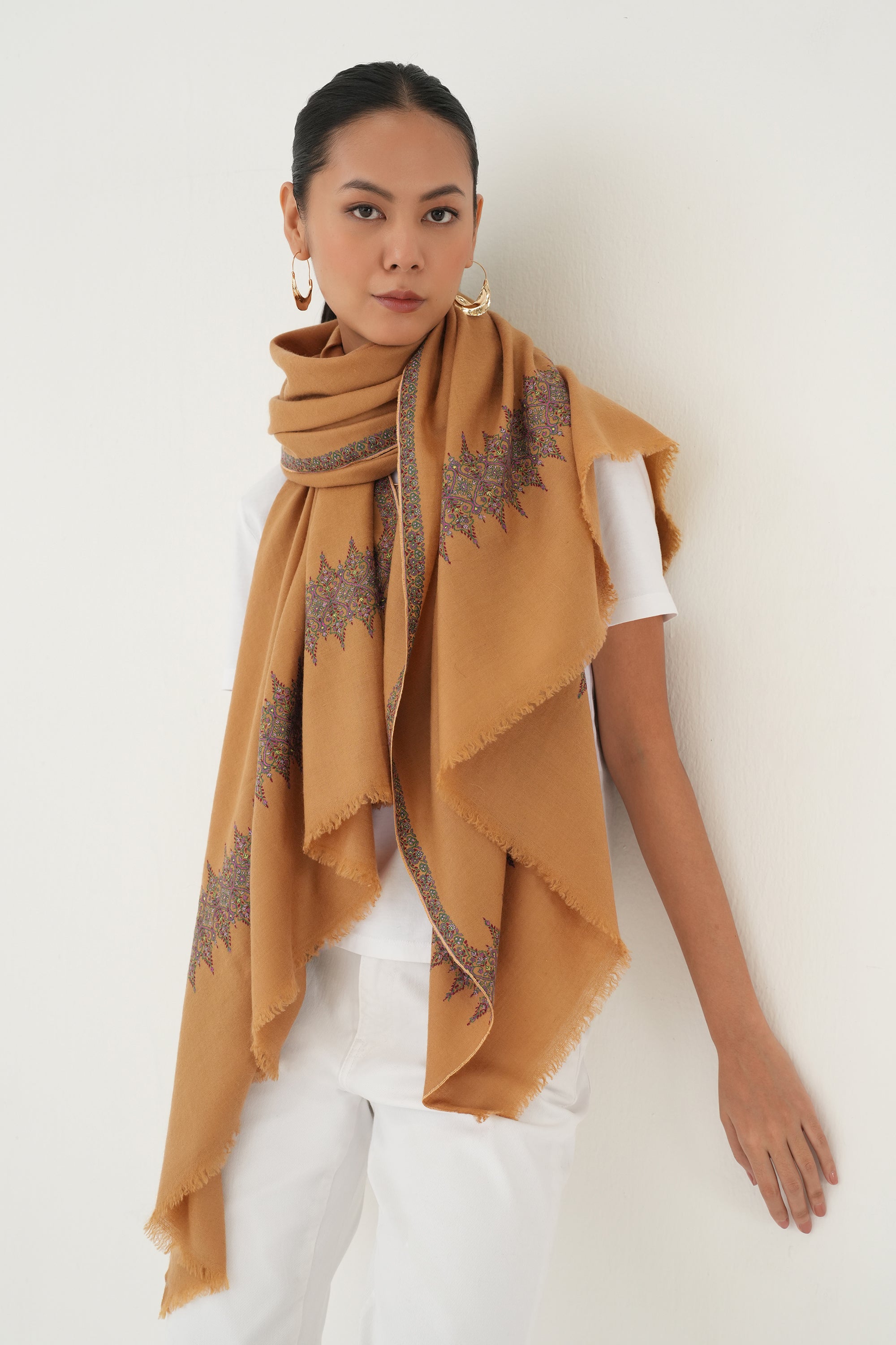 Sozni Kian Borderdar Hand Embroidered Pashmina Shawl Apple Cinnamon