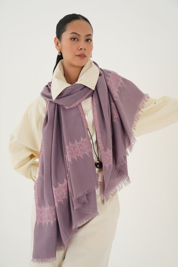 Kashmir Loom Sozni Kian Borderdar Hand Embroidered Pashmina Shawl Feather