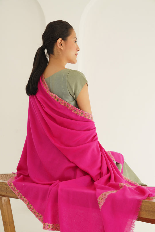 Kashmir Loom Sozni Gohar Neemdor Koundar Hand Embroidered Pashmina Large Shawl Fuchsia