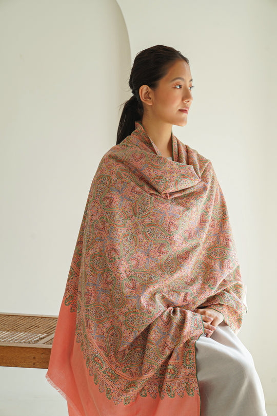 Kashmir Loom Sozni Jamawar Hand Embroidered Pashmina Shawl Coral