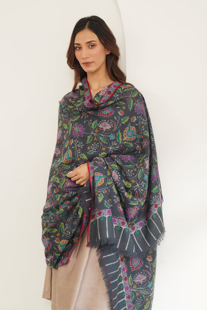 Kashmir Loom Kani Gul Jama Hand Woven Pashmina Shawl Charcoal