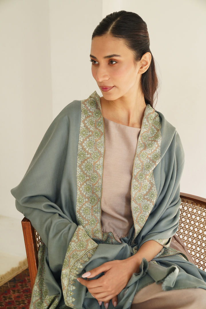 Kashmir Loom Sozni Dordar Hand Embroidered Pashmina Shawl Green Smoke