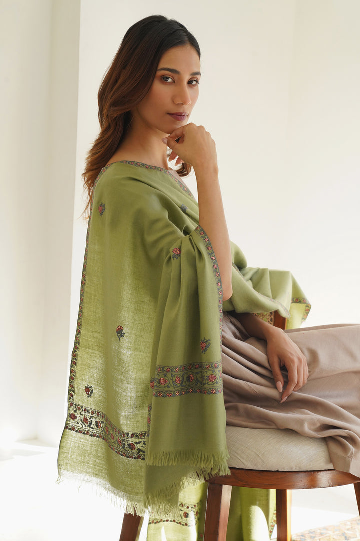 Kashmir Loom Sozni Fardauz Hand Embroidered Pashmina Shawl Peridot