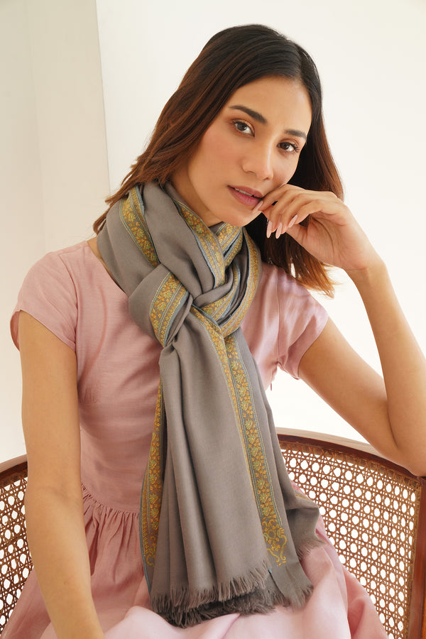 Sozni Gulbaan Edge Bail Hand Embroidered Pashmina Shawl Pebble