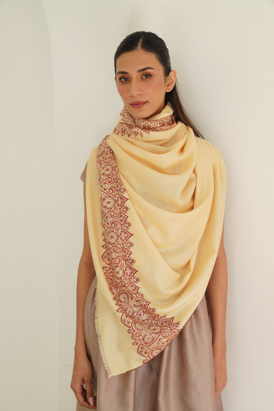 Kashmir Loom Sozni Palledar Hand Embroidered Pashmina Shawl Butter
