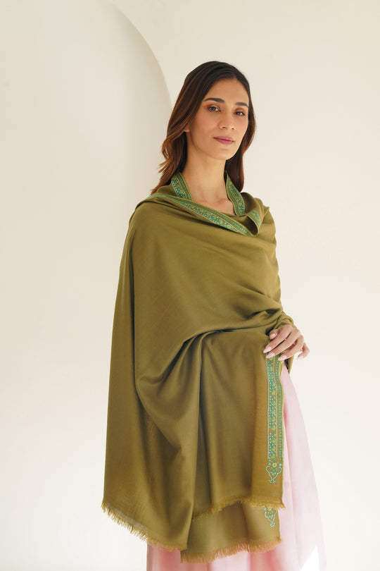 Kashmir Loom Sozni Edge Bail Hand Embroidered Pashmina Shawl Herb