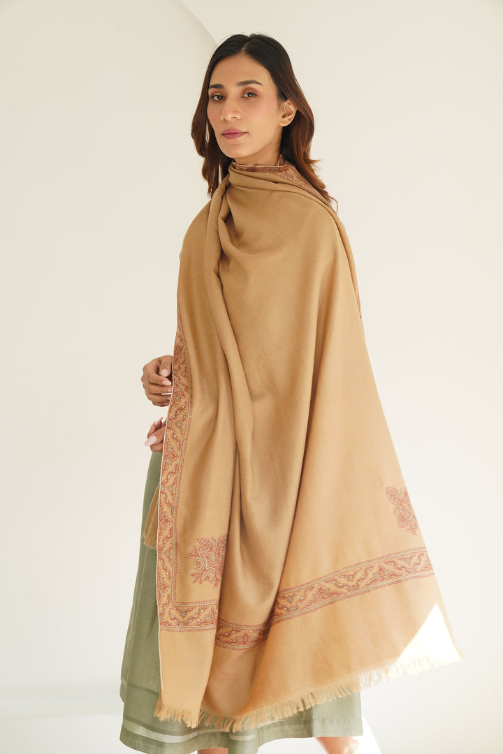 Kashmir Loom Sozni Aylin Corner Buta Hand Embroidered Pashmina Shawl Tanin