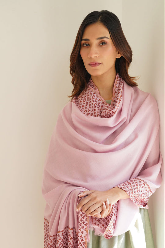 Kashmir Loom Sozni Machi Buti Dordar Hand Embroidered Pashmina Shawl Pink Salt