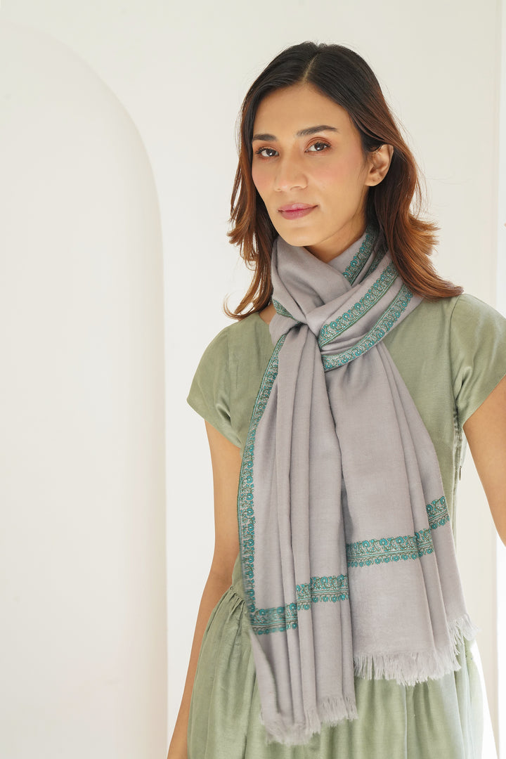 Kashmir Loom Sozni Golband Hashiya Hand Embroidered Pashmina Stole Cool Grey
