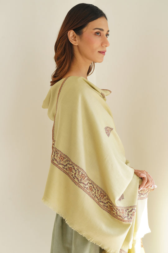 Kashmir Loom Sozni Nazlidor Butidar Hand Embroidered Pashmina Shawl Sage