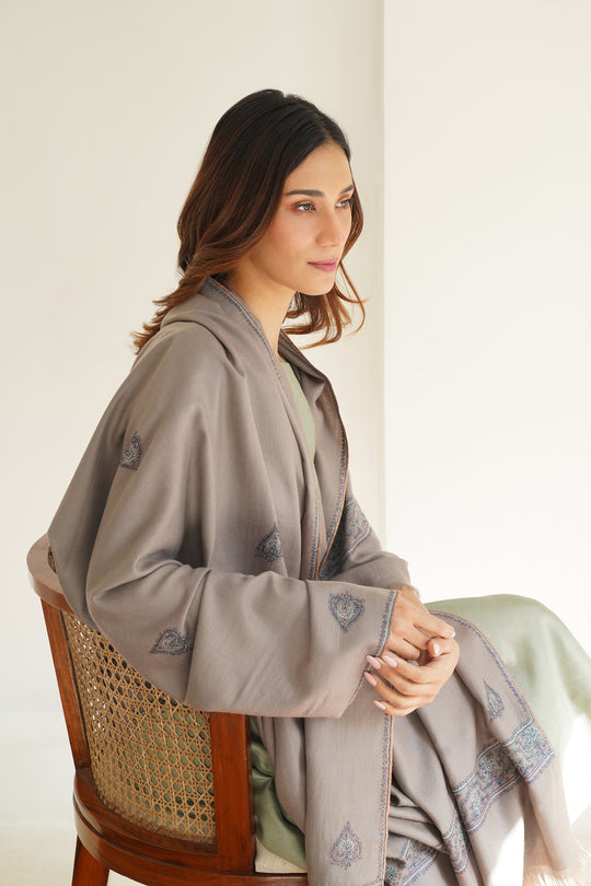 Kashmir Loom Sozni Nazlidor Butidar Hand Embroidered Pashmina Shawl Pebble
