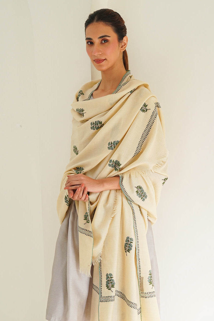 Mughal Butidar Hand Embroidered Pashmina Large Shawl Ivory