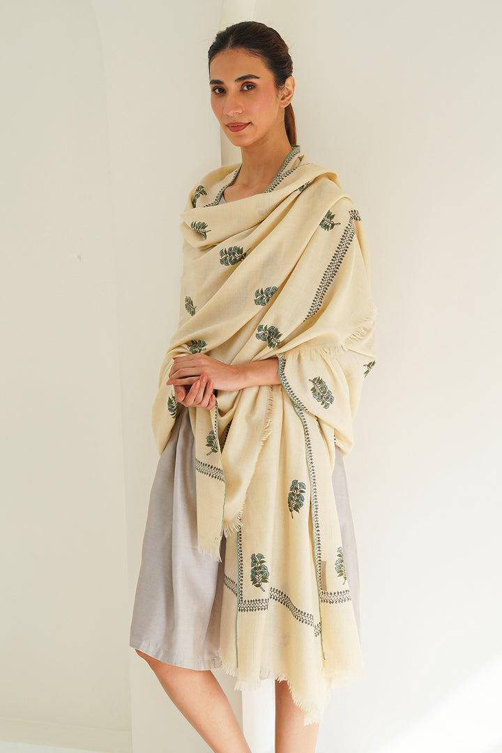 Kashmir Loom Mughal Butidar Hand Embroidered Large Pashmina Shawl Ivory