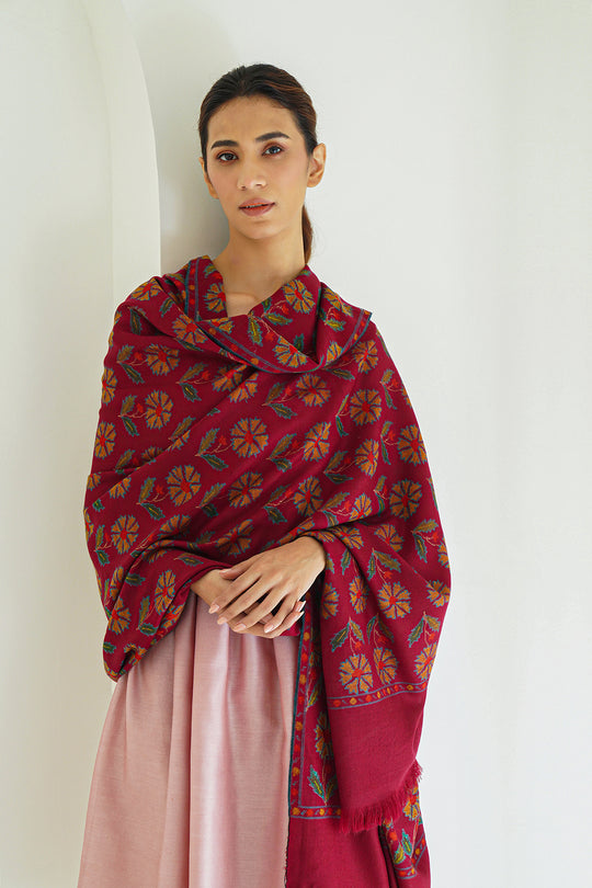 Kashmir Loom Kani Shephali Buti Hand Woven Pashmina Shawl Carbernet