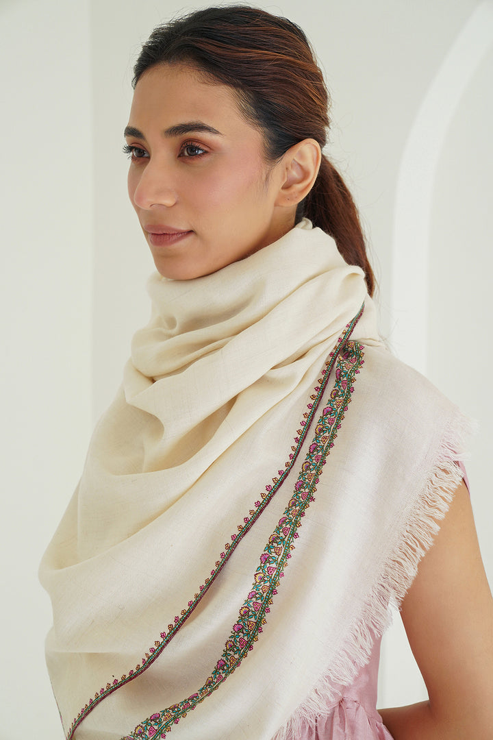 Kashmir Loom Sozni Hashiya Hand Embroidered Pashmina Shawl Ivory Pink