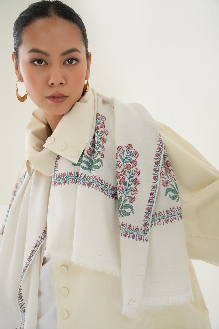 Kashmir Loom Sozni Meher Buta Palledar Hand Embroidered Pashmina Stole Ivory
