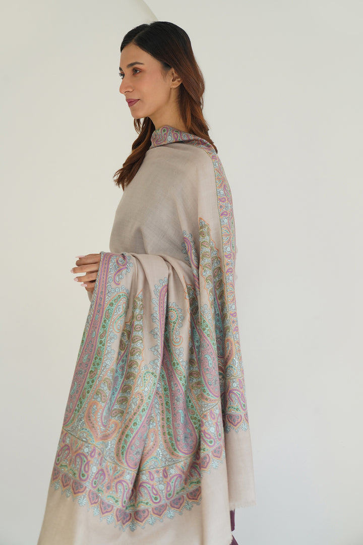 Sozni Nishar Palledar Hand Embroidered Oversize Pashmina Shawl Ash