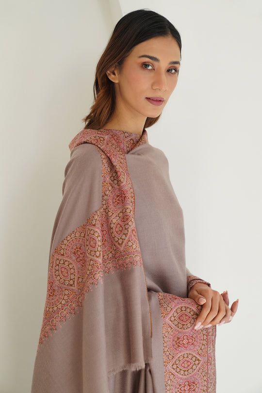 Kashmir Loom Sozni Kalandor Hand Embroidered Oversize Pashmina Shawl Silver Grey