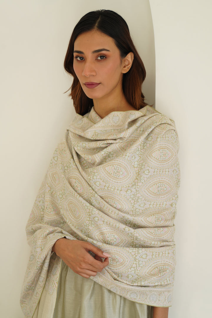 Kashmir Loom Sozni Neem Jamawar Hand Embroidered Pashmina Shawl Ivory Multi