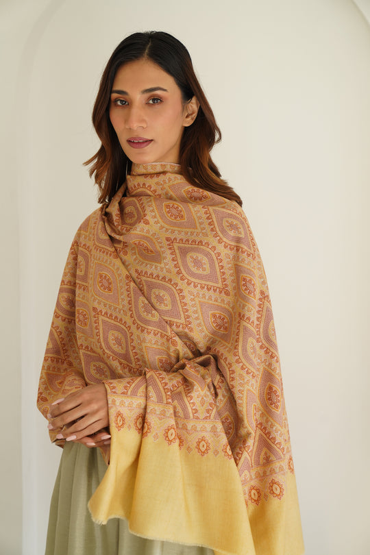 Kashmir Loom Sozni Jamawar Hand Embroidered Pashmina Shawl Camel