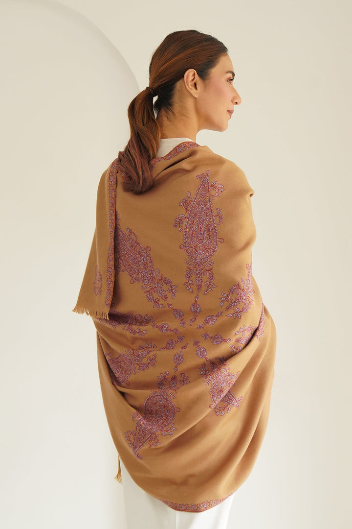 Kashmir Loom Sozni Shakufa Hand Embroidered Pashmina Shawl Camel
