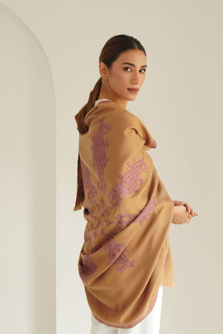 Kashmir Loom Sozni Shakufa Hand Embroidered Pashmina Shawl Camel