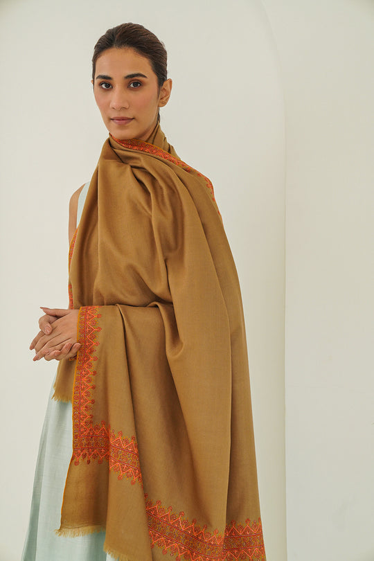 Sozni Dordar Hand Embroidered Pashmina Shawl Otter Orange