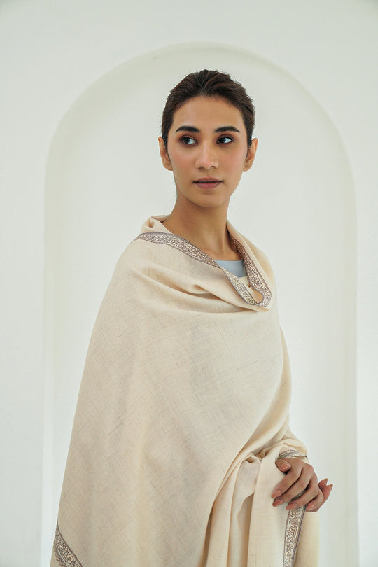 Sozni Hashiya Hand Embroidered Pashmina Shawl Ivory Grey