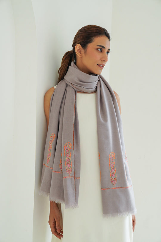 Sozni Paisley Palledar Hand Embroidered Pashmina Shawl Mink