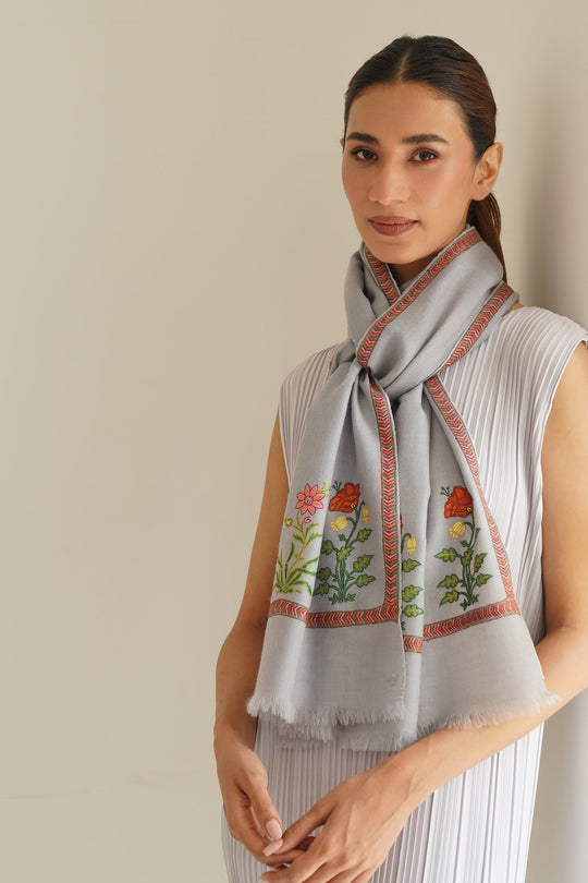 Kashmir Loom Sozni Golchin Palledar Hand Embroidered Pashmina Stole Smoke