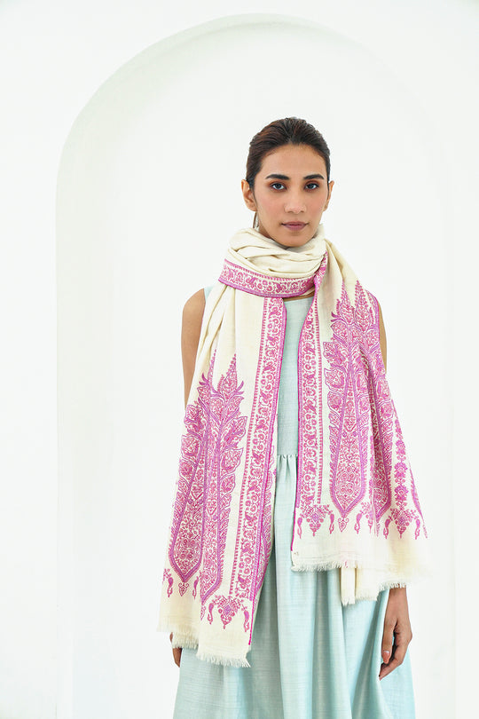 Sozni Palledar Hand Embroidered Pashmina Shawl Ivory Pink