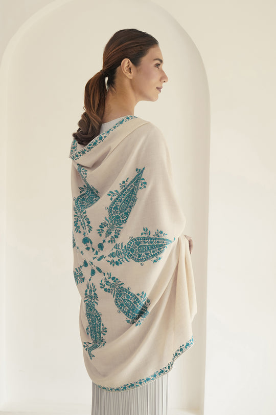 Kashmir Loom Sozni Shakufa Hand Embroidered Pashmina Shawl Ivory Turqoise