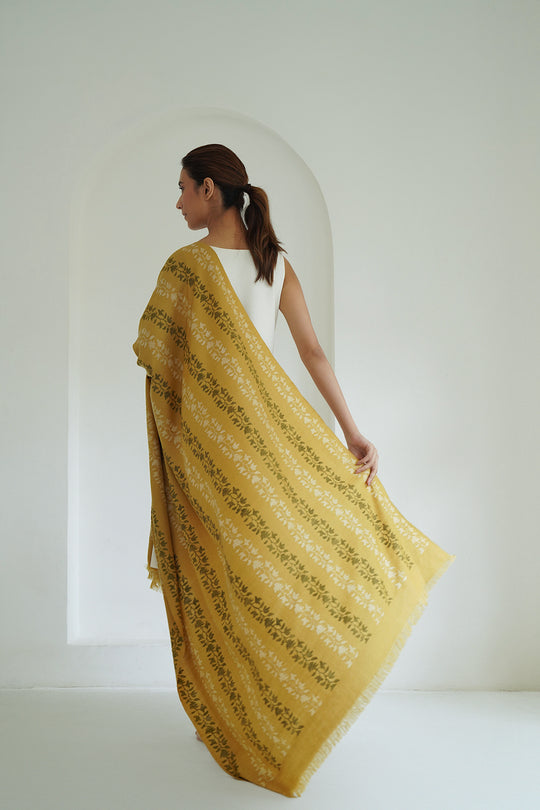 Kani Ashjar Khatrast Hand Woven Pashmina Shawl Bright Gold