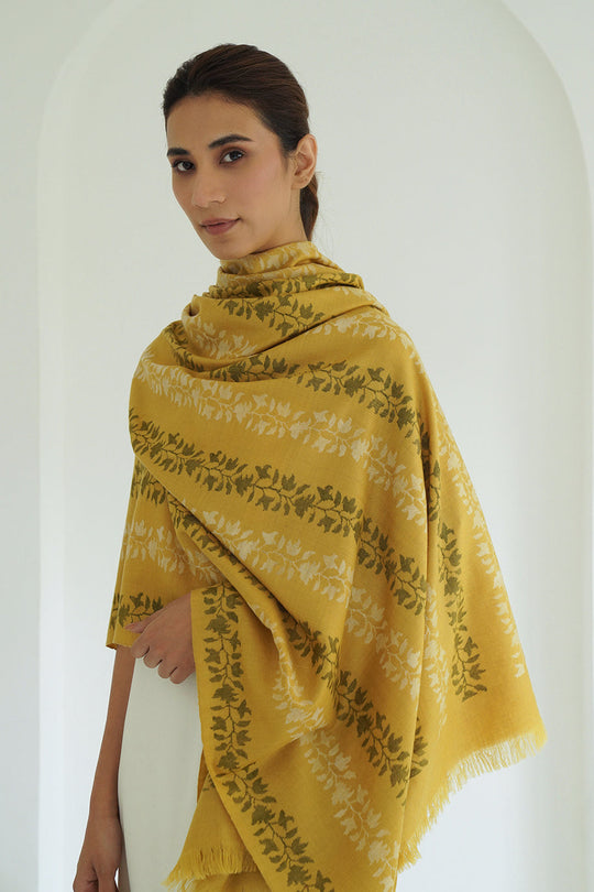 Kani Ashjar Khatrast Hand Woven Pashmina Shawl Bright Gold
