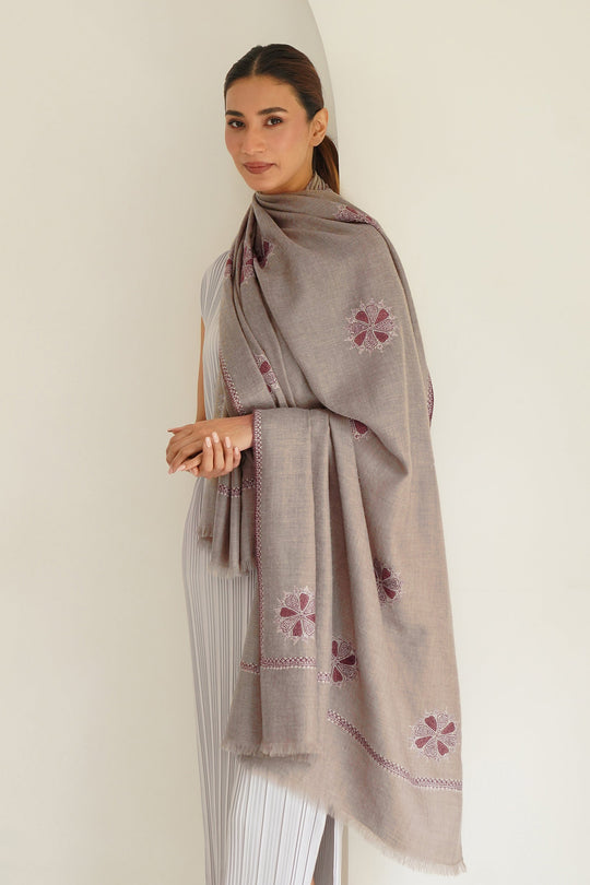Kashmir Loom Sozni Bail Buta Hand Embroidered Pashmina Shawl Natural