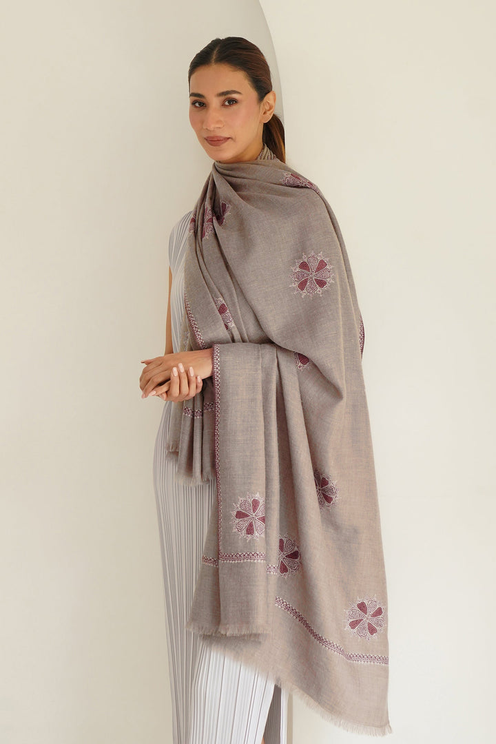 Kashmir Loom Sozni Bail Buta Hand Embroidered Pashmina Shawl Natural