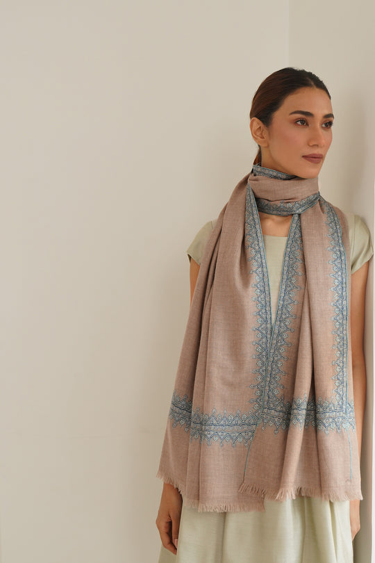 Kashmir Loom Sozni Borderdar Hand Embroidered Pashmina Stole Natural