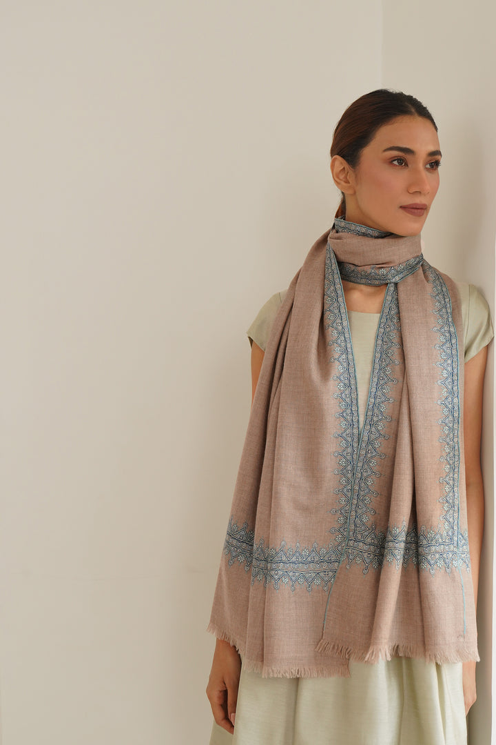 Kashmir Loom Sozni Borderdar Hand Embroidered Pashmina Stole Natural