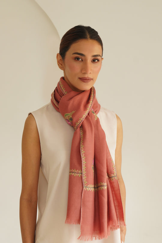 Kashmir Loom Heera Bail Buti Hand Embroidered Pashmina Stole Coral Peach
