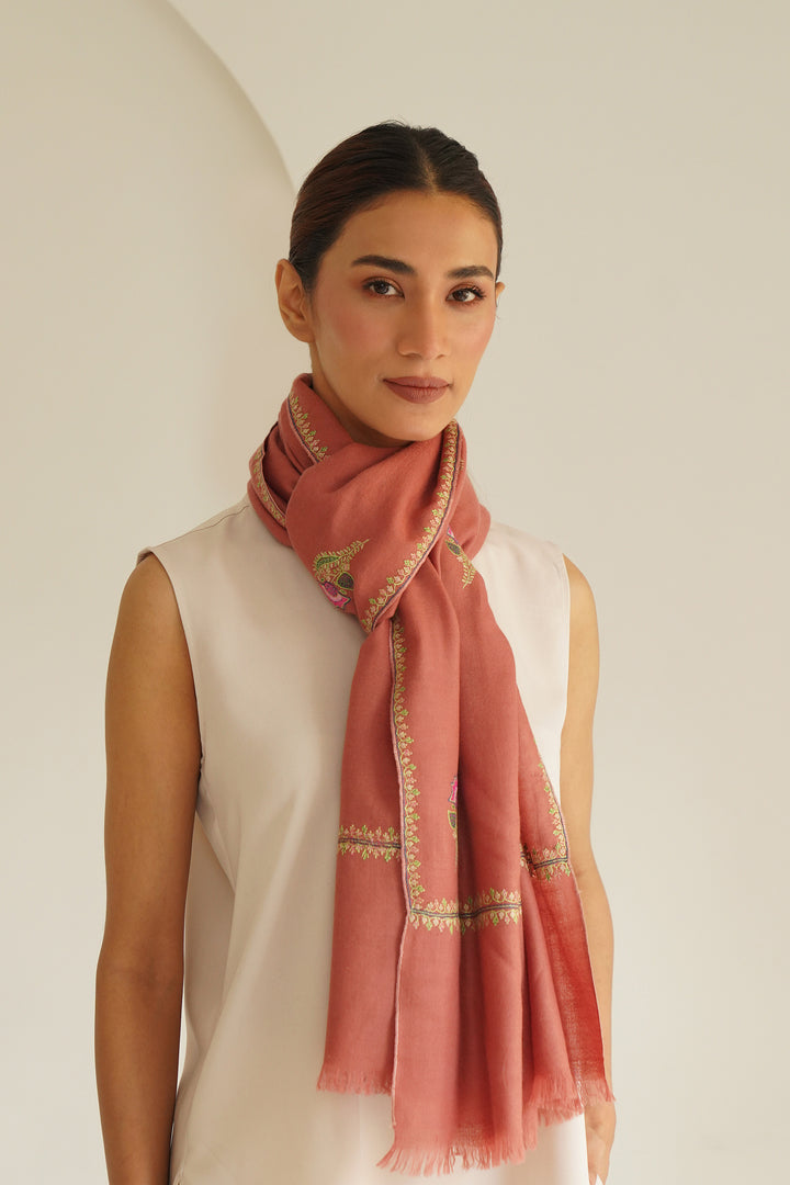 Kashmir Loom Heera Bail Buti Hand Embroidered Pashmina Stole Coral Peach