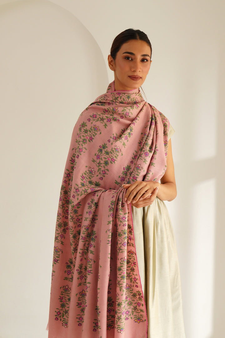 Kashmir Loom Kani Nahiza Khatrast Hand Woven Large Pashmina Shawl Rose