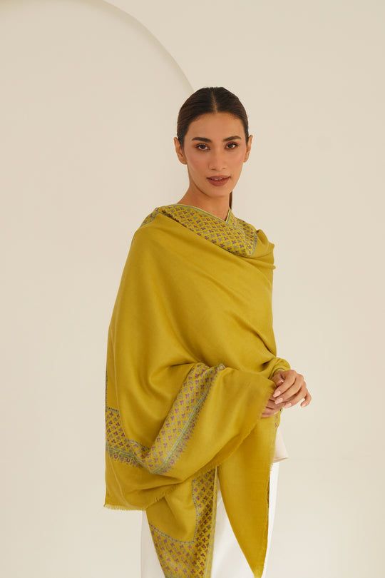 Kashmir Loom Sozni Machi Buti Dordar Hand Embroidered Pashmina Shawl Matcha