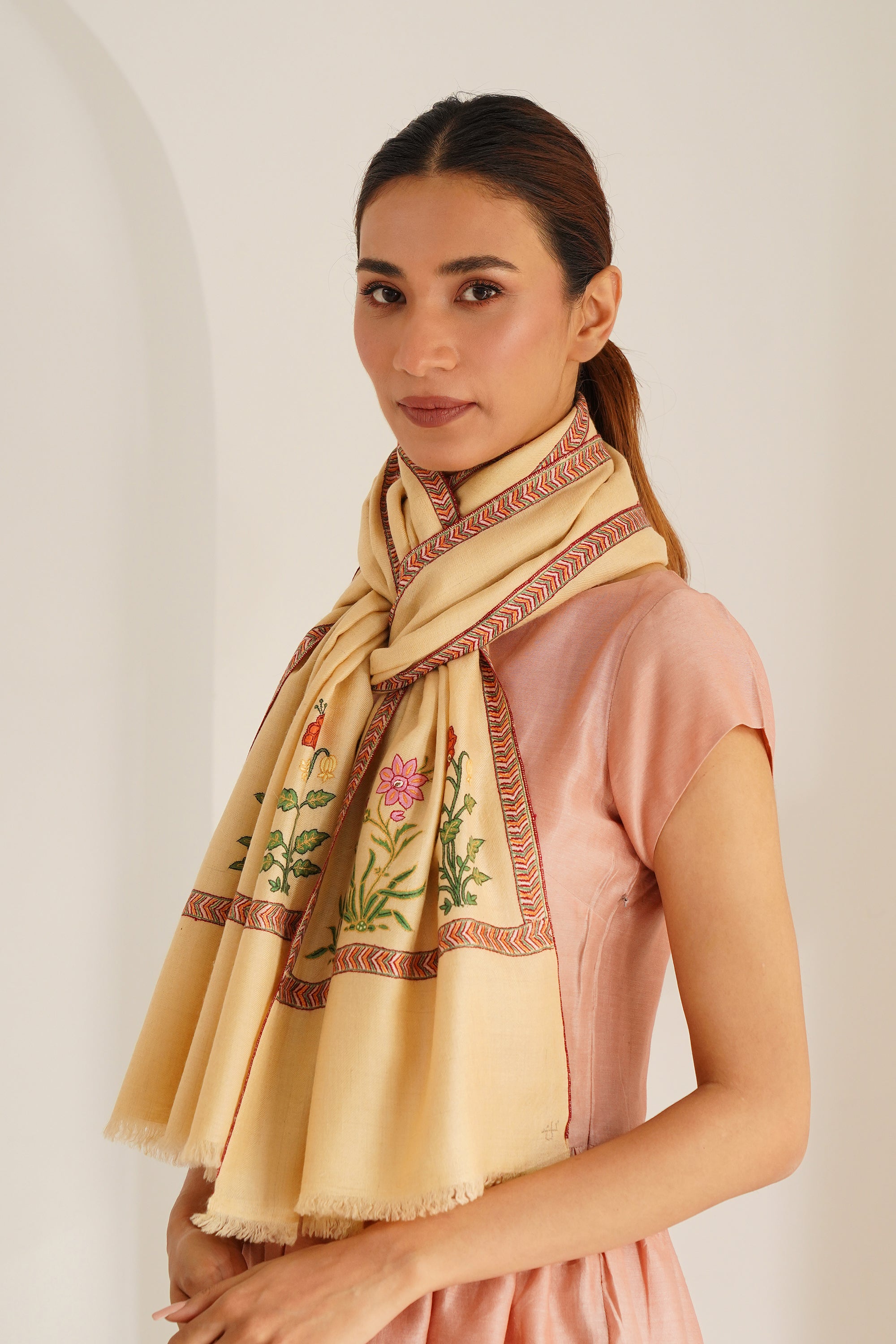 Sozni Golchin Palledar Hand Embroidered Pashmina Stole Butter
