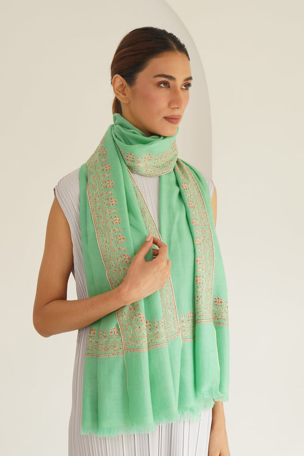 Sozni Rida Jaali Baildar Hand Embroidered Pashmina Stole Marine