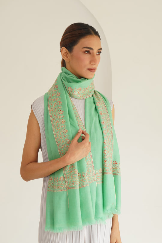 Kashmir Loom Sozni Rida Jaali Baildar Hand Embroidered Pashmina Stole Marine